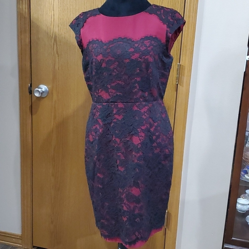 L.K Bennett burgandy red lace overlay cap sleeve midi dress like new condition